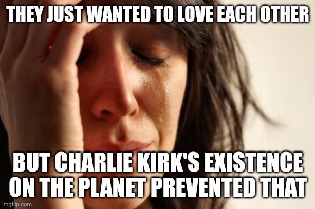 THEY JUST WANTED TO LOVE EACH OTHER BUT CHARLIE KIRK'S EXISTENCE ON THE PLANET PREVENTED THAT | image tagged in memes,first world problems | made w/ Imgflip meme maker
