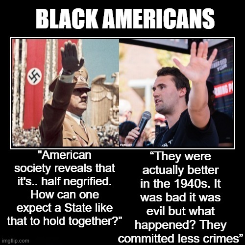 Black Americans | BLACK AMERICANS; “They were actually better in the 1940s. It was bad it was evil but what happened? They committed less crimes”; "American society reveals that it's.. half negrified. How can one expect a State like that to hold together?” | image tagged in black,african,american,americans,racism | made w/ Imgflip meme maker