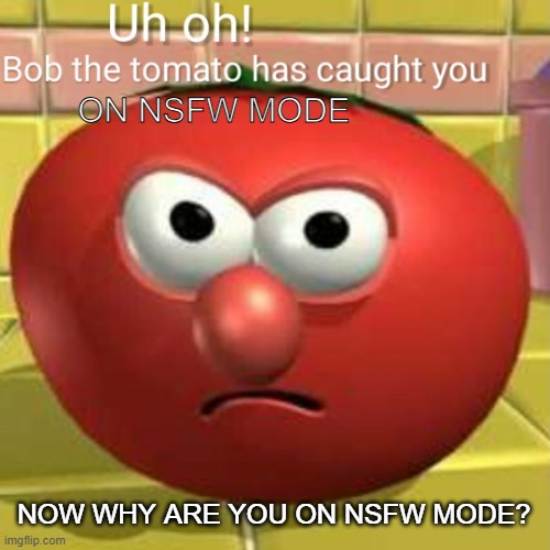 Get off NSFW mode! | ON NSFW MODE; NOW WHY ARE YOU ON NSFW MODE? | image tagged in bob the tomato has caught you blank,memes,bro get off nsfw | made w/ Imgflip meme maker