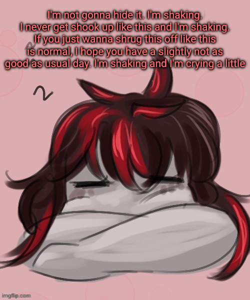 Sleepy Claire | I'm not gonna hide it. I'm shaking. I never get shook up like this and I'm shaking. If you just wanna shrug this off like this is normal, I hope you have a slightly not as good as usual day. I'm shaking and I'm crying a little | image tagged in sleepy claire | made w/ Imgflip meme maker