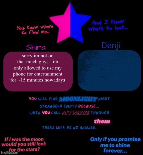 Shira and denji TV girl shared announcement template | sorry im not on that much guys - im only allowed to use my phone for entertainment for ~15 minutes nowadays | image tagged in shira and denji tv girl shared announcement template | made w/ Imgflip meme maker