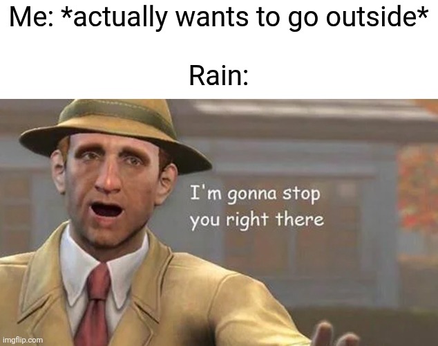 I'm gonna stop you right there | Me: *actually wants to go outside*
 
Rain: | image tagged in i'm gonna stop you right there,memes,funny,relatable,weather,outside | made w/ Imgflip meme maker