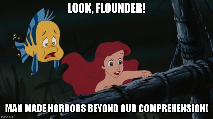 Look, Flounder! | LOOK, FLOUNDER! MAN MADE HORRORS BEYOND OUR COMPREHENSION! | image tagged in the little mermaid,man made horrors | made w/ Imgflip meme maker