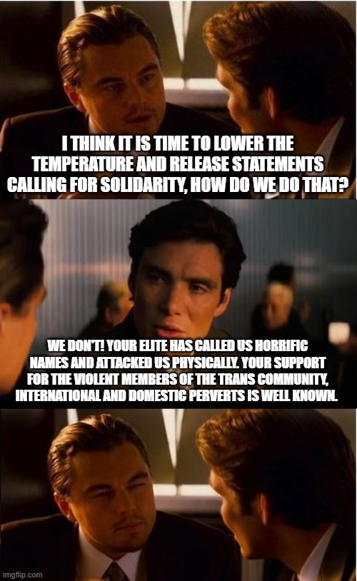 There is zero reason to work together | I THINK IT IS TIME TO LOWER THE TEMPERATURE AND RELEASE STATEMENTS CALLING FOR SOLIDARITY, HOW DO WE DO THAT? WE DON'T! YOUR ELITE HAS CALLED US HORRIFIC NAMES AND ATTACKED US PHYSICALLY. YOUR SUPPORT FOR THE VIOLENT MEMBERS OF THE TRANS COMMUNITY, INTERNATIONAL AND DOMESTIC PERVERTS IS WELL KNOWN. | image tagged in lawfare,cancel culture,name calling,assassination,riots,democrat war on america | made w/ Imgflip meme maker
