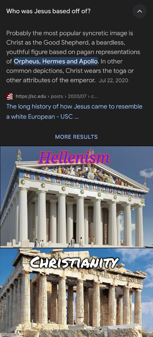 God sacrificed god to god to save God's creation from being the way god created them because that's your fault not God's fault? | Hellenism; Christianity | made w/ Imgflip meme maker