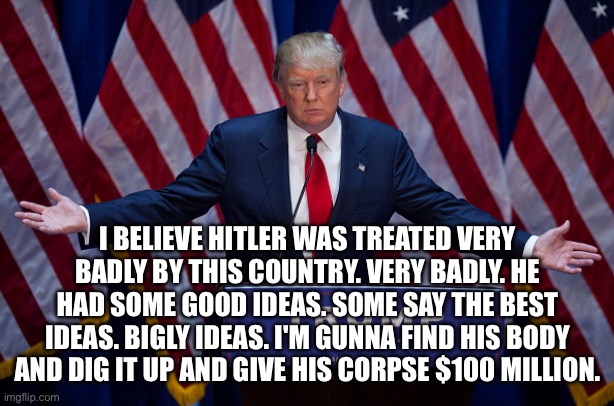 Donald Trump | I BELIEVE HITLER WAS TREATED VERY BADLY BY THIS COUNTRY. VERY BADLY. HE HAD SOME GOOD IDEAS. SOME SAY THE BEST IDEAS. BIGLY IDEAS. I'M GUNNA | image tagged in donald trump | made w/ Imgflip meme maker