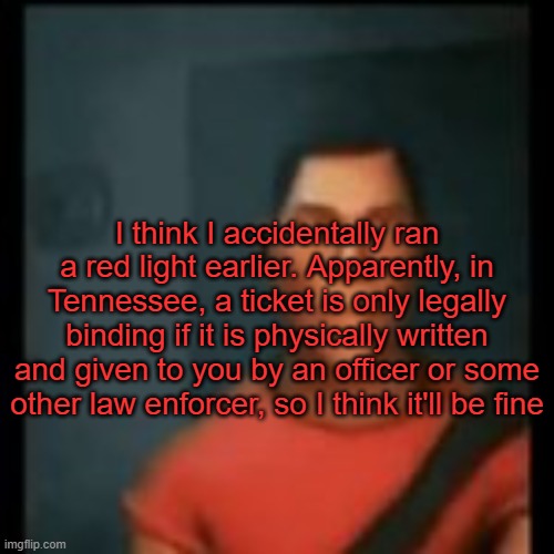 . | I think I accidentally ran a red light earlier. Apparently, in Tennessee, a ticket is only legally binding if it is physically written and given to you by an officer or some other law enforcer, so I think it'll be fine | image tagged in disappointed scout | made w/ Imgflip meme maker