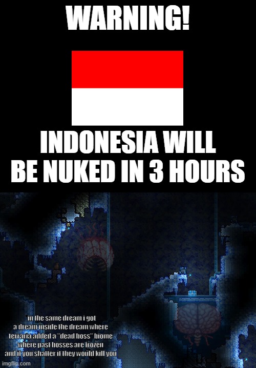 recreating dreams part 47 | WARNING! INDONESIA WILL BE NUKED IN 3 HOURS; *in the same dream i got a dream inside the dream where terraria added a "dead boss" biome where past bosses are frozen and if you shatter it they would kill you | made w/ Imgflip meme maker