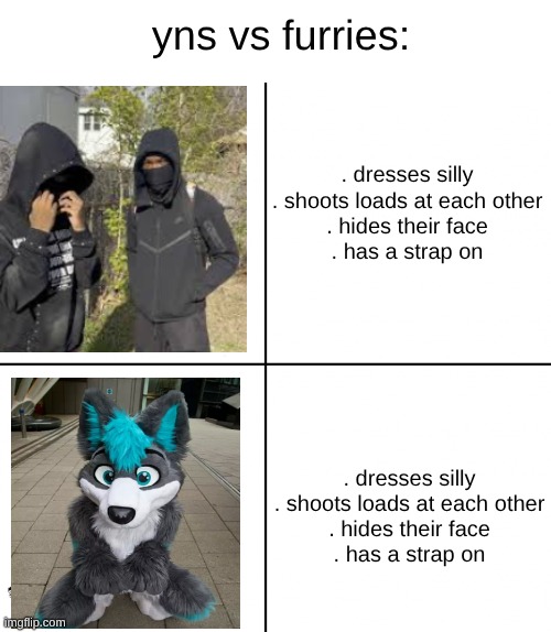 Happy Wojak vs Depressed Wojak | yns vs furries:; . dresses silly
. shoots loads at each other
. hides their face
. has a strap on; . dresses silly
. shoots loads at each other
. hides their face
. has a strap on | image tagged in happy wojak vs depressed wojak | made w/ Imgflip meme maker