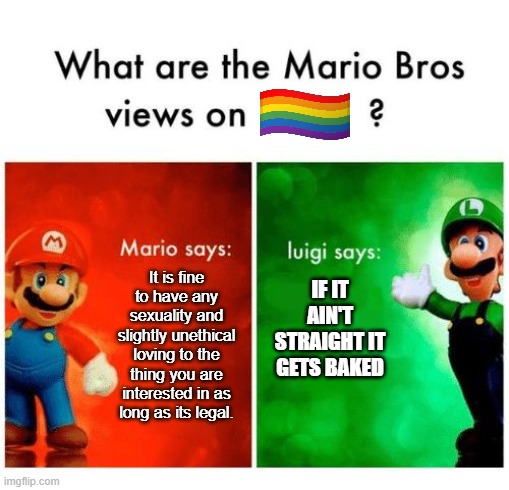 Mario says Luigi says | IF IT AIN'T STRAIGHT IT GETS BAKED; It is fine to have any sexuality and slightly unethical loving to the thing you are interested in as long as its legal. | image tagged in mario says luigi says,gay,pride,offensive | made w/ Imgflip meme maker