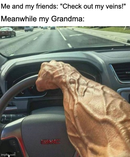 One day, it will be our turn... TO HAVE AWESOME VEINS!!! | Me and my friends: "Check out my veins!"; Meanwhile my Grandma: | image tagged in veiny arm,memes,funny,fun,grandma,relatable | made w/ Imgflip meme maker