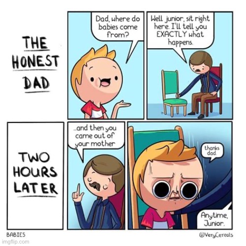 Very Cereals | image tagged in comics,very cereals,babies,honest dad,the talk | made w/ Imgflip meme maker