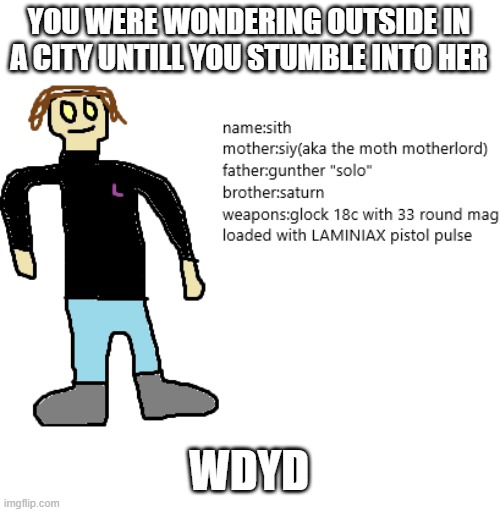 rp(yes. i art) | YOU WERE WONDERING OUTSIDE IN A CITY UNTILL YOU STUMBLE INTO HER; WDYD | image tagged in rp,laminiax,no romance,yes joke ocs | made w/ Imgflip meme maker
