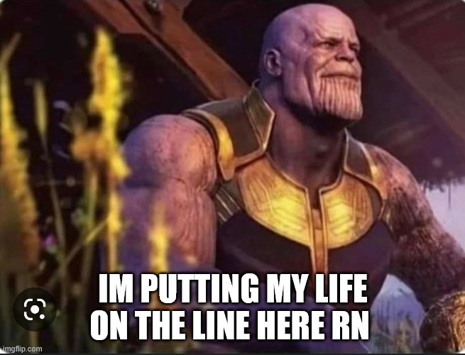 help | IM PUTTING MY LIFE ON THE LINE HERE RN | image tagged in thanos peace | made w/ Imgflip meme maker