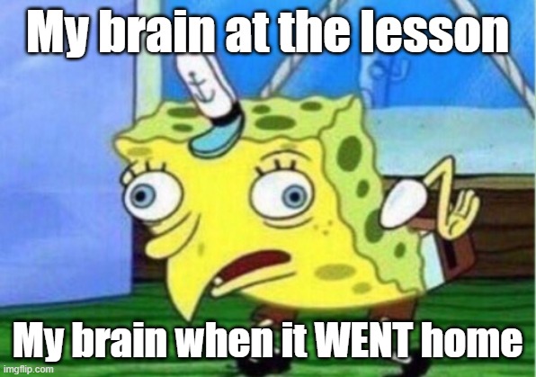 Mocking Spongebob | My brain at the lesson; My brain when it WENT home | image tagged in memes,mocking spongebob | made w/ Imgflip meme maker