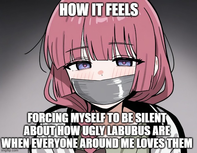 I do not like lububuss | HOW IT FEELS; FORCING MYSELF TO BE SILENT ABOUT HOW UGLY LABUBUS ARE WHEN EVERYONE AROUND ME LOVES THEM | image tagged in kikuri hiroi wrapping gagging | made w/ Imgflip meme maker