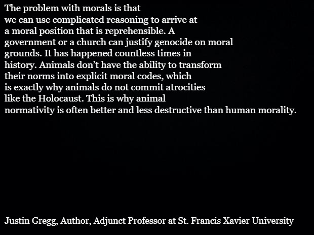 Black background | The problem with morals is that we can use complicated reasoning to arrive at a moral position that is reprehensible. A government or a church can justify genocide on moral grounds. It has happened countless times in history. Animals don’t have the ability to transform their norms into explicit moral codes, which is exactly why animals do not commit atrocities like the Holocaust. This is why animal normativity is often better and less destructive than human morality. Justin Gregg, Author, Adjunct Professor at St. Francis Xavier University | image tagged in black background | made w/ Imgflip meme maker