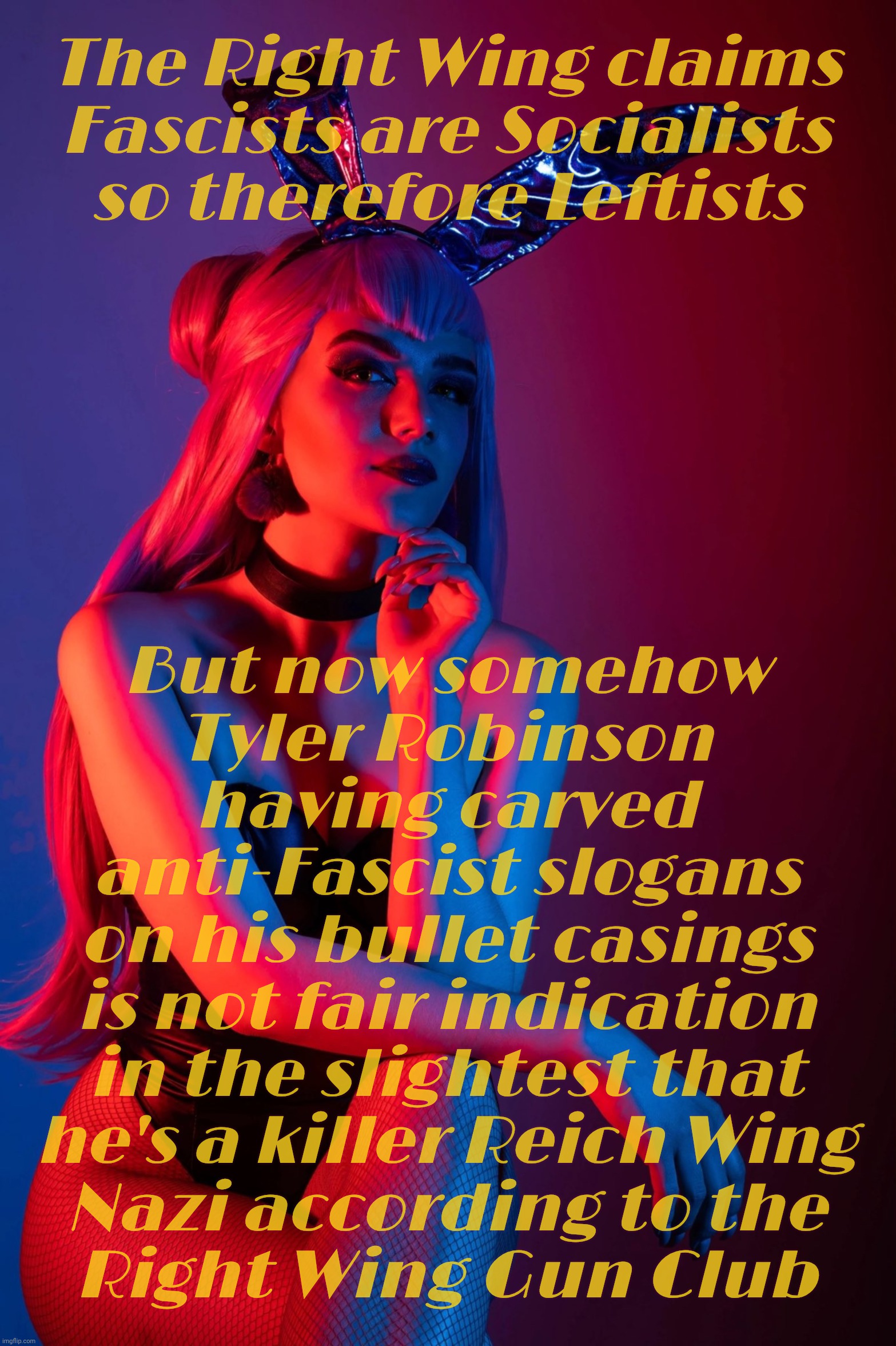 Evelynn K/DA | The Right Wing claims
Fascists are Socialists
so therefore Leftists But now somehow
Tyler Robinson
having carved
anti-Fascist slogans
on his | image tagged in evelynn k/da | made w/ Imgflip meme maker