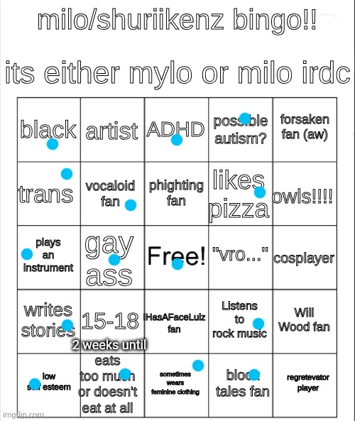 I don't play block tales but I watched YuB play it | 2 weeks until | image tagged in updated milo/mylo bingo | made w/ Imgflip meme maker