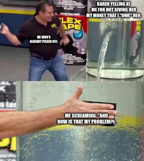gotta return the favor | KAREN YELLING AT ME FOR NOT GIVING HER MY MONEY THAT I "OWE" HER:; ME WHO'S ALREADY PISSED OFF:; ME SCREAMING: "AND HOW IS THAT MY PROBLEM?!: | image tagged in flex tape | made w/ Imgflip meme maker