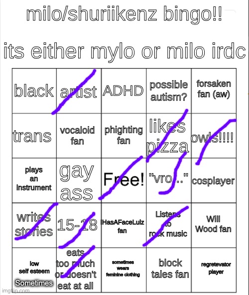 updated milo/mylo bingo | Sometimes | image tagged in updated milo/mylo bingo | made w/ Imgflip meme maker