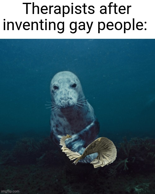 Friendly fire | Therapists after inventing gay people: | image tagged in seal money spread | made w/ Imgflip meme maker
