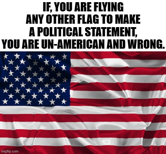 AMERICANS ONLY FLY THE AMERICAN FLAG | IF, YOU ARE FLYING ANY OTHER FLAG TO MAKE A POLITICAL STATEMENT, YOU ARE UN-AMERICAN AND WRONG. | image tagged in american flag,old glory,stars and stripes,star spangled banner,patriot,red white and blue | made w/ Imgflip meme maker