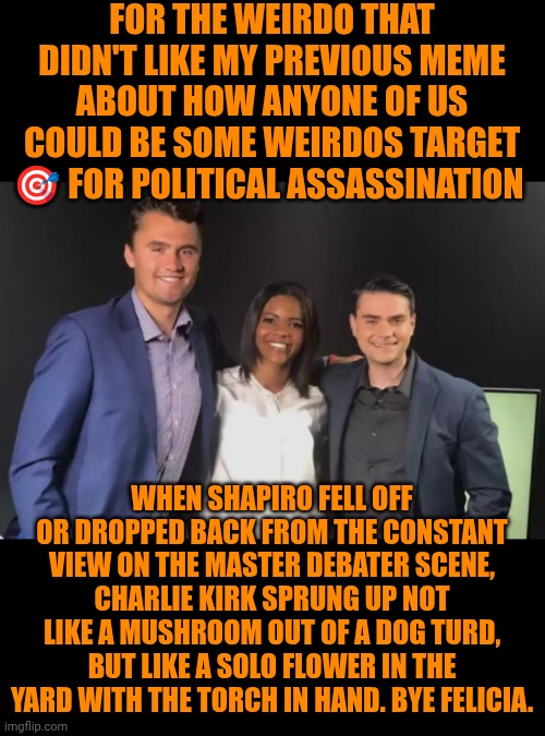 Funny | FOR THE WEIRDO THAT DIDN'T LIKE MY PREVIOUS MEME ABOUT HOW ANYONE OF US COULD BE SOME WEIRDOS TARGET 🎯 FOR POLITICAL ASSASSINATION; WHEN SHAPIRO FELL OFF OR DROPPED BACK FROM THE CONSTANT VIEW ON THE MASTER DEBATER SCENE, CHARLIE KIRK SPRUNG UP NOT LIKE A MUSHROOM OUT OF A DOG TURD, BUT LIKE A SOLO FLOWER IN THE YARD WITH THE TORCH IN HAND. BYE FELICIA. | image tagged in funny,political,assassination,turd,flower,solo | made w/ Imgflip meme maker