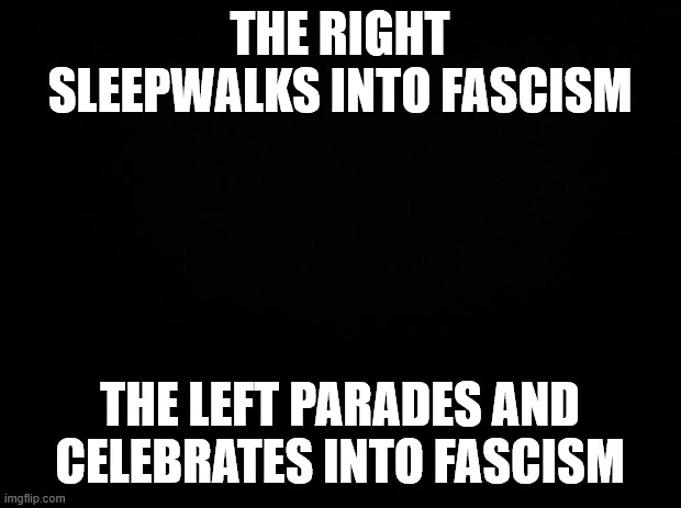 And there is nothing you can do to stop it. | THE RIGHT SLEEPWALKS INTO FASCISM; THE LEFT PARADES AND CELEBRATES INTO FASCISM | image tagged in black background | made w/ Imgflip meme maker