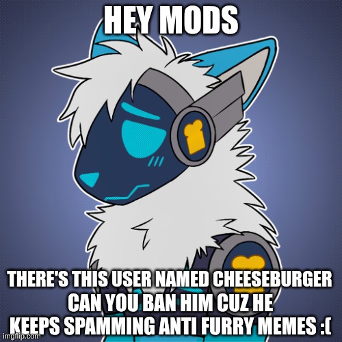 PLEASE MODS IM BEGGING YOU HE POSTS SO DANG MUCH- | HEY MODS; THERE'S THIS USER NAMED CHEESEBURGER; CAN YOU BAN HIM CUZ HE KEEPS SPAMMING ANTI FURRY MEMES :( | image tagged in protogen | made w/ Imgflip meme maker