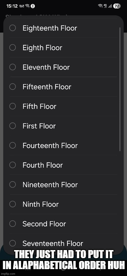 What's Your Floor? | THEY JUST HAD TO PUT IT IN ALAPHABETICAL ORDER HUH | image tagged in you had one job | made w/ Imgflip meme maker