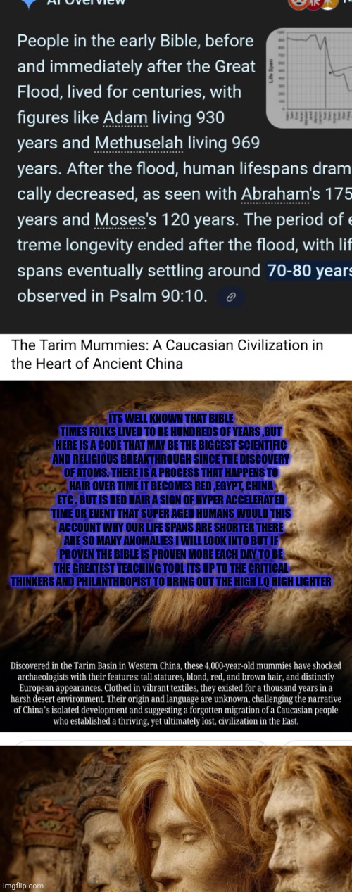 Readers highgest :Did we just time travel,how red holds the missing key | ITS WELL KNOWN THAT BIBLE TIMES FOLKS LIVED TO BE HUNDREDS OF YEARS ,BUT HERE IS A CODE THAT MAY BE THE BIGGEST SCIENTIFIC AND RELIGIOUS BREAKTHROUGH SINCE THE DISCOVERY OF ATOMS. THERE IS A PROCESS THAT HAPPENS TO HAIR OVER TIME IT BECOMES RED ,EGYPT, CHINA ETC . BUT IS RED HAIR A SIGN OF HYPER ACCELERATED TIME OR EVENT THAT SUPER AGED HUMANS WOULD THIS ACCOUNT WHY OUR LIFE SPANS ARE SHORTER THERE ARE SO MANY ANOMALIES I WILL LOOK INTO BUT IF PROVEN THE BIBLE IS PROVEN MORE EACH DAY TO BE THE GREATEST TEACHING TOOL ITS UP TO THE CRITICAL THINKERS AND PHILANTHROPIST TO BRING OUT THE HIGH I.Q HIGH LIGHTER | image tagged in wtf,time,fun | made w/ Imgflip meme maker