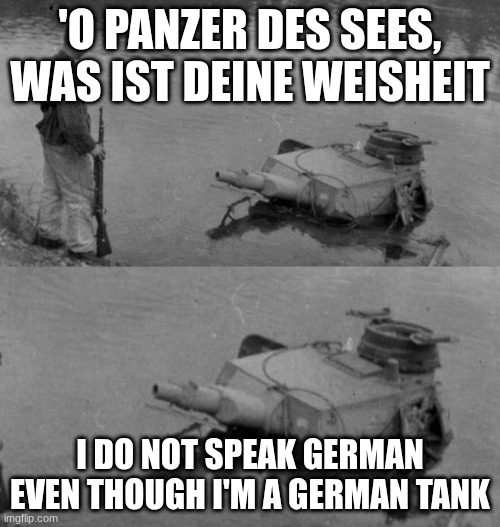 the German does not speak german | 'O PANZER DES SEES, WAS IST DEINE WEISHEIT; I DO NOT SPEAK GERMAN EVEN THOUGH I'M A GERMAN TANK | image tagged in panzer of the lake | made w/ Imgflip meme maker