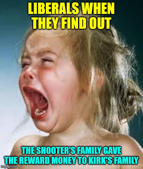 LIBERALS WHEN THEY FIND OUT THE SHOOTER'S FAMILY GAVE THE REWARD MONEY TO KIRK'S FAMILY | image tagged in crying baby | made w/ Imgflip meme maker