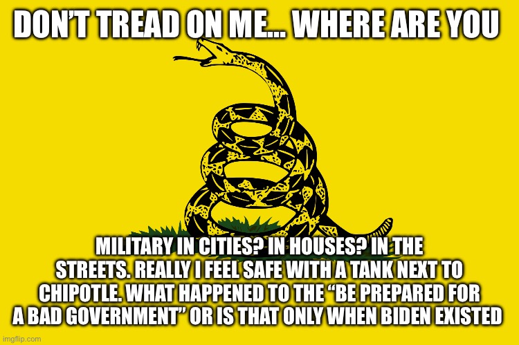 Get a grip | DON’T TREAD ON ME… WHERE ARE YOU; MILITARY IN CITIES? IN HOUSES? IN THE STREETS. REALLY I FEEL SAFE WITH A TANK NEXT TO CHIPOTLE. WHAT HAPPENED TO THE “BE PREPARED FOR A BAD GOVERNMENT” OR IS THAT ONLY WHEN BIDEN EXISTED | image tagged in don't tread on me,losers | made w/ Imgflip meme maker