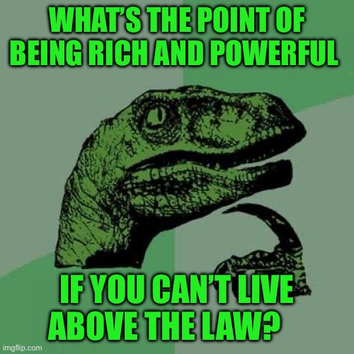Philosoraptor | WHAT’S THE POINT OF BEING RICH AND POWERFUL; IF YOU CAN’T LIVE ABOVE THE LAW? | image tagged in memes,philosoraptor | made w/ Imgflip meme maker