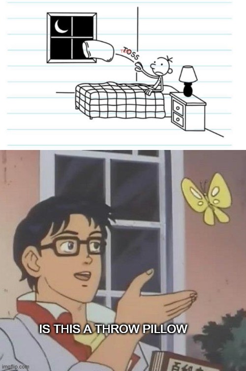 throwing a pillow = throw pillow | IS THIS A THROW PILLOW | image tagged in memes,is this a pigeon,diary of a wimpy kid | made w/ Imgflip meme maker