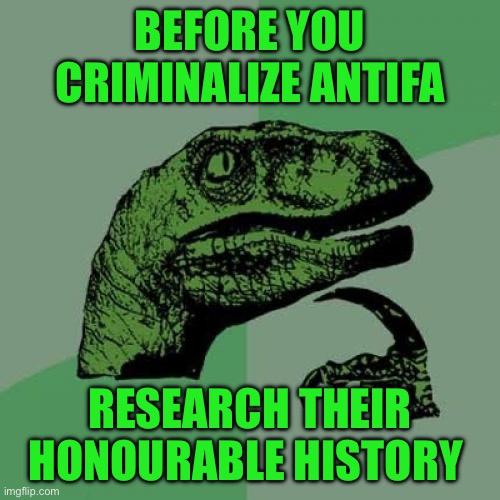 Philosoraptor | BEFORE YOU CRIMINALIZE ANTIFA; RESEARCH THEIR HONOURABLE HISTORY | image tagged in memes,philosoraptor | made w/ Imgflip meme maker