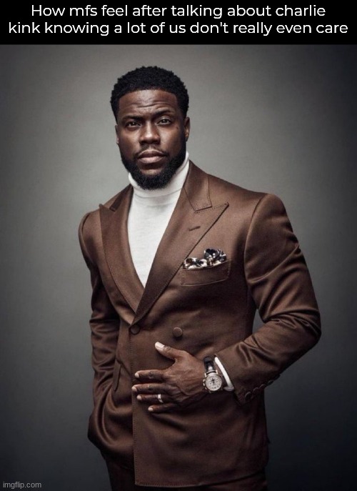 Kevin hart | How mfs feel after talking about charlie kink knowing a lot of us don't really even care | image tagged in kevin hart | made w/ Imgflip meme maker