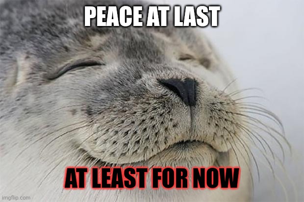 Peace at last | PEACE AT LAST; AT LEAST FOR NOW | image tagged in memes,satisfied seal | made w/ Imgflip meme maker