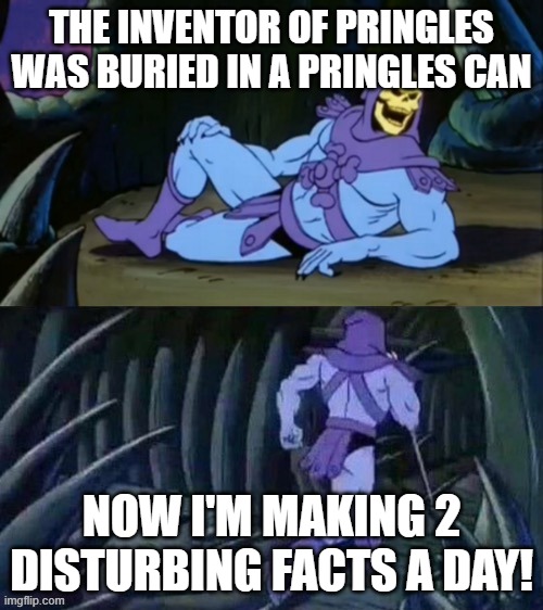 true | THE INVENTOR OF PRINGLES WAS BURIED IN A PRINGLES CAN; NOW I'M MAKING 2 DISTURBING FACTS A DAY! | image tagged in skeletor disturbing facts | made w/ Imgflip meme maker