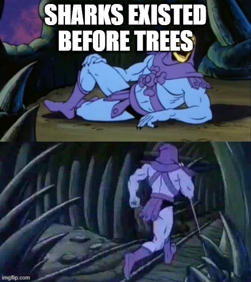 skeletor | SHARKS EXISTED BEFORE TREES | image tagged in skeletor disturbing facts | made w/ Imgflip meme maker