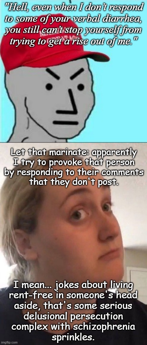 I'm not saying all of MAGA is mentally ill but one of them recently said this: | "Hell, even when I don’t respond
to some of your verbal diarrhea,
you still can’t stop yourself from
trying to get a rise out of me."; Let that marinate: apparently
I try to provoke that person
by responding to their comments
that they don't post. I mean... jokes about living
rent-free in someone's head
aside, that's some serious
delusional persecution
complex with schizophrenia
sprinkles. | image tagged in mental illness,schizophrenia,delusional,persecution complex,wow,crazy person | made w/ Imgflip meme maker