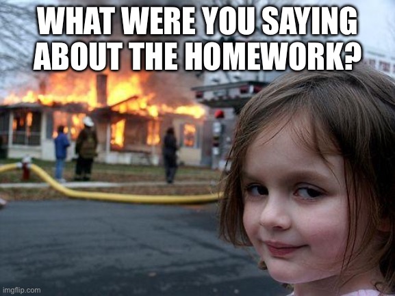 What about the homework???? | WHAT WERE YOU SAYING ABOUT THE HOMEWORK? | image tagged in memes,disaster girl,homework | made w/ Imgflip meme maker