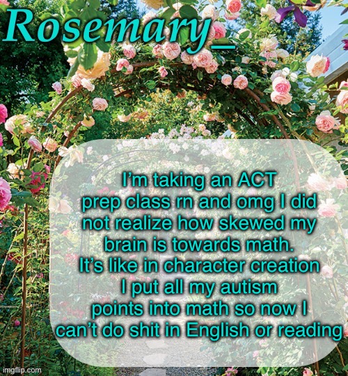 The math part of the test will be easy but the English will tank my score | I’m taking an ACT prep class rn and omg I did not realize how skewed my brain is towards math. It’s like in character creation I put all my autism points into math so now I can’t do shit in English or reading | image tagged in rosemary_ template | made w/ Imgflip meme maker