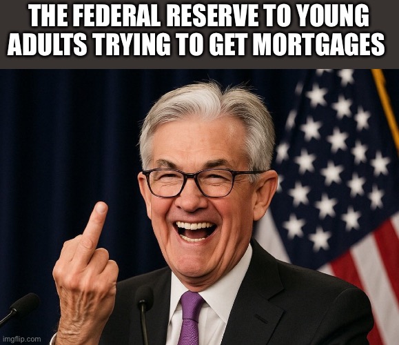 Federal Reserve Millennials | THE FEDERAL RESERVE TO YOUNG ADULTS TRYING TO GET MORTGAGES | image tagged in federal reserve,politics,political meme,donald trump,millennials,economy | made w/ Imgflip meme maker