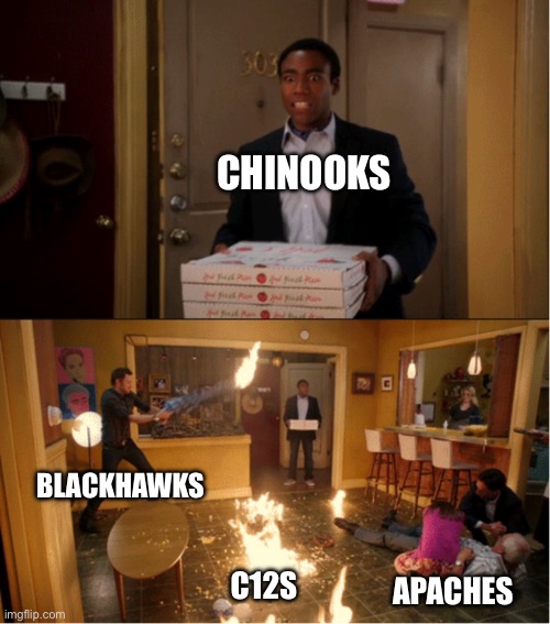 Community Fire Pizza Meme | CHINOOKS; BLACKHAWKS; APACHES; C12S | image tagged in community fire pizza meme | made w/ Imgflip meme maker