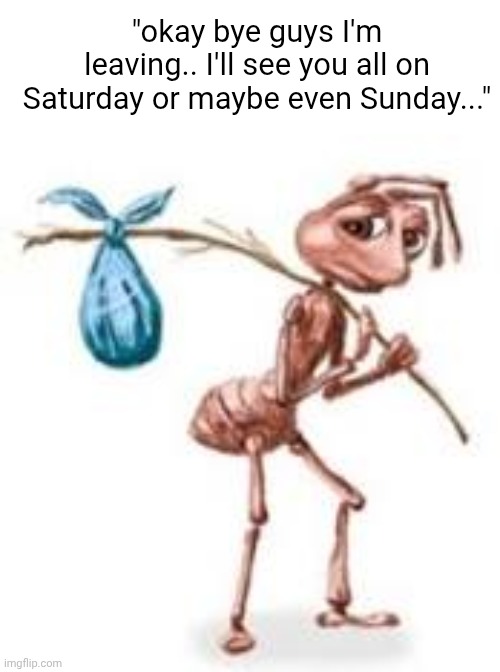 We all know his ass isn't going anywhere | "okay bye guys I'm leaving.. I'll see you all on Saturday or maybe even Sunday..." | image tagged in sad ant with bindle | made w/ Imgflip meme maker
