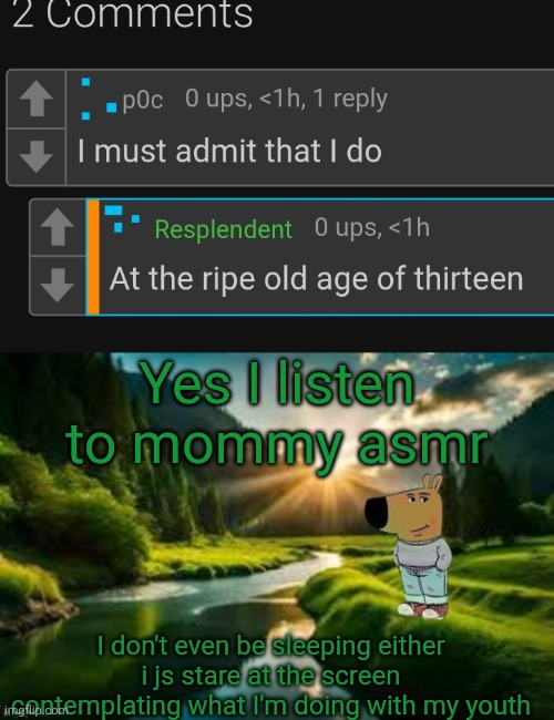 Yes I listen to mommy asmr; I don't even be sleeping either i js stare at the screen contemplating what I'm doing with my youth | image tagged in chill guy | made w/ Imgflip meme maker