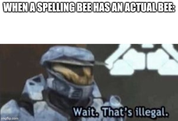 FINALLY, A MEME IDEA! | WHEN A SPELLING BEE HAS AN ACTUAL BEE: | image tagged in wait that's illegal,stop reading the tags | made w/ Imgflip meme maker